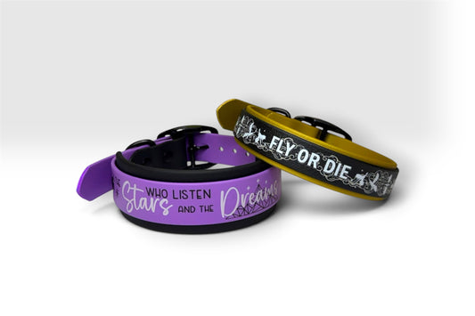 Bookish collars — Stars Who Listen and the Dreams in purple, Fly or Die in gold, on white