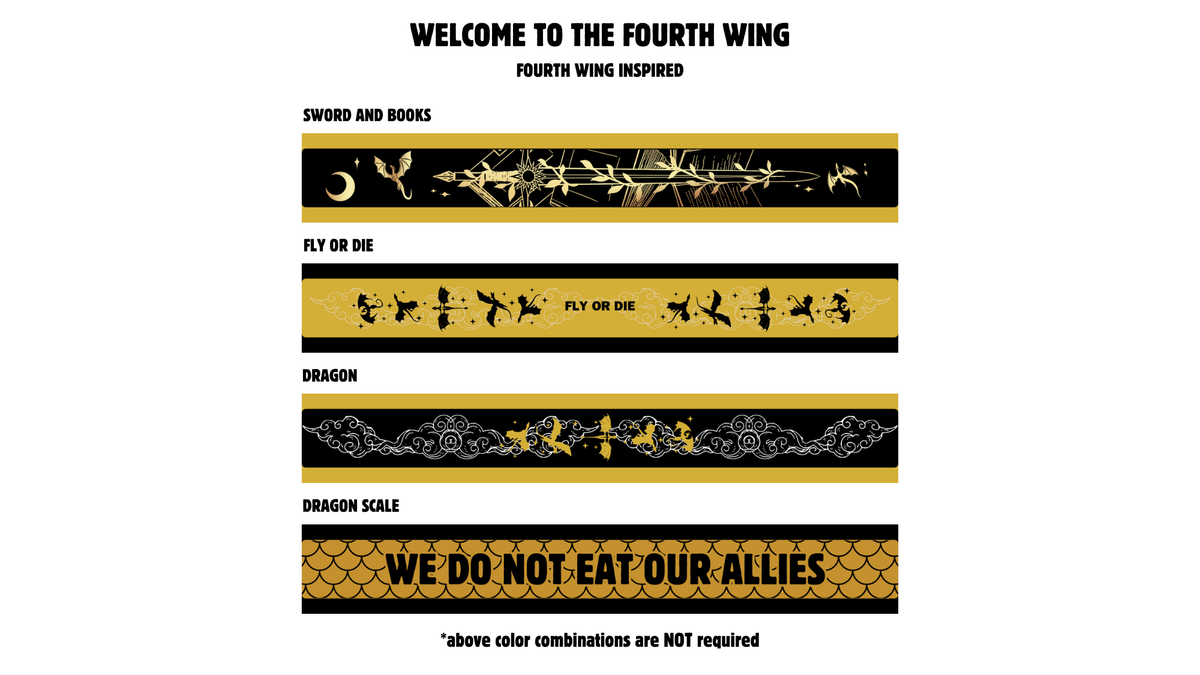 Fourth Wing designs, numbered to match the Design list