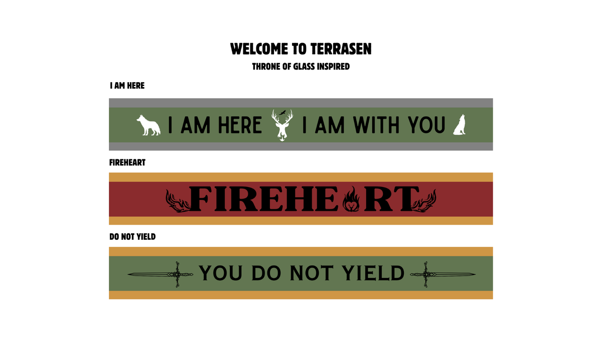 Throne of Glass designs, numbered to match the Design list