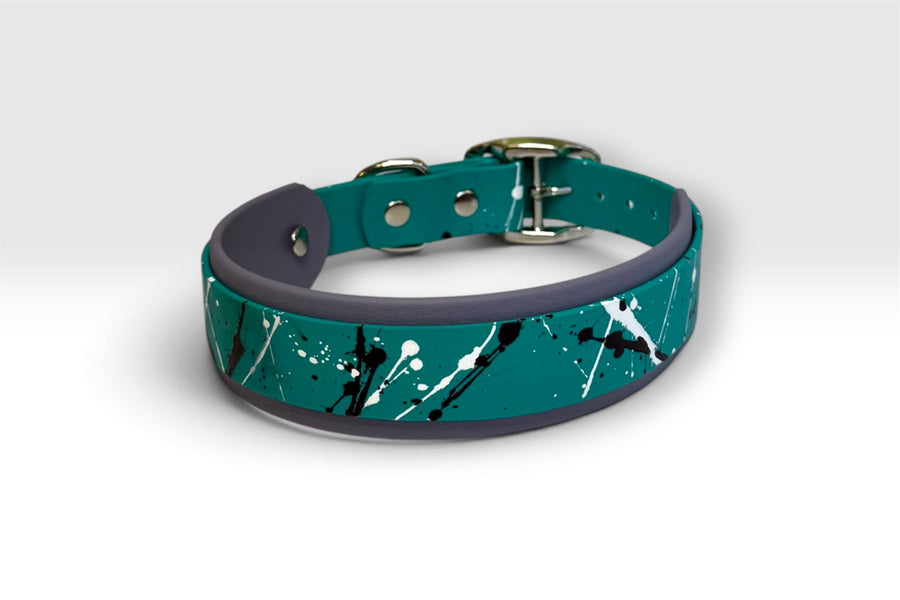Double Layer collar — teal with black and white splatter over grey