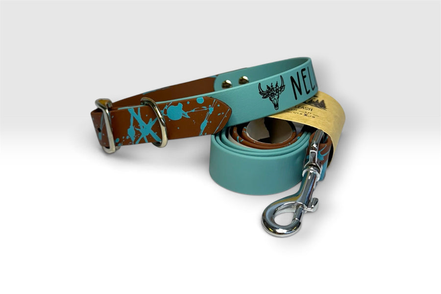 Two-Tone collar — Nelie, aqua and brown splatter with matching leash