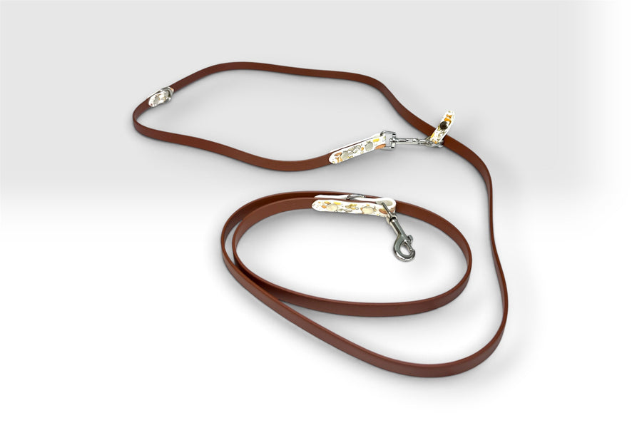 One-piece hands-free leash — saddle brown with floral accents, silver hardware
