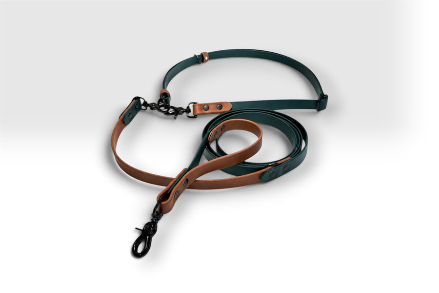 Two-piece hands-free leash — forest green with tan accents and belt, black hardware